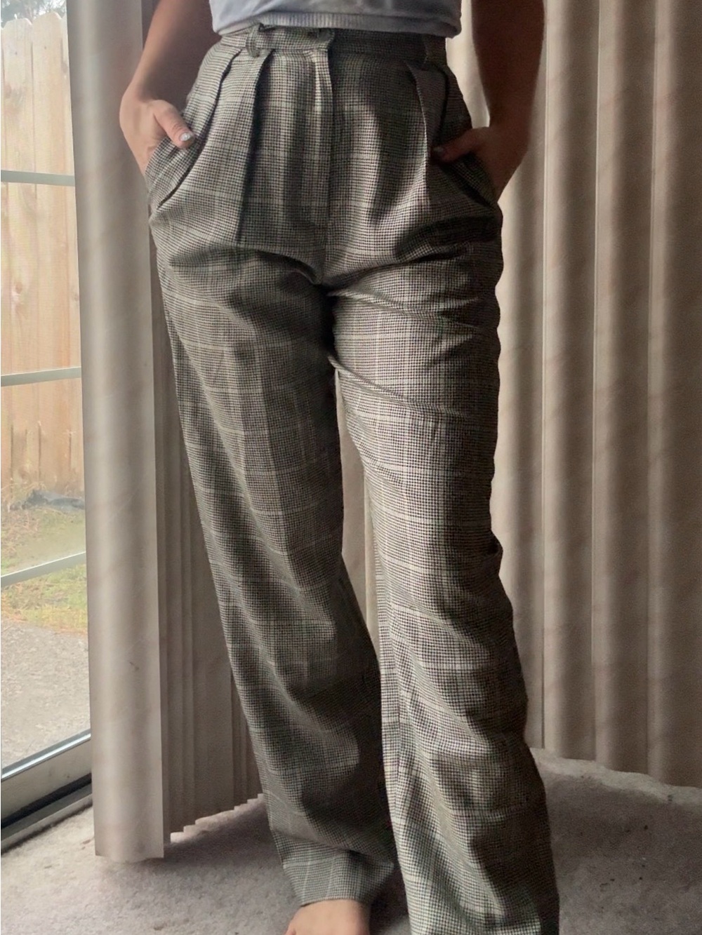 Silk/Wool Vintage High-Waist Plaid Wide-Leg Trousers